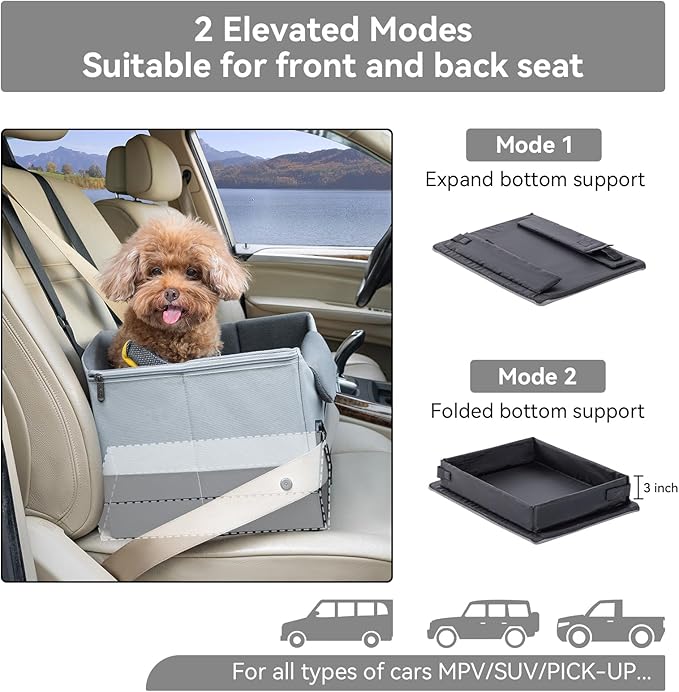 A4Pet Dog Car Seats for Small Dogs, Booster Car Seat with Patent Buckles &amp; Clip-On Safety Leash, Pet Seat for Puppy Small Dogs Cats Under 25 Lbs, Grey
