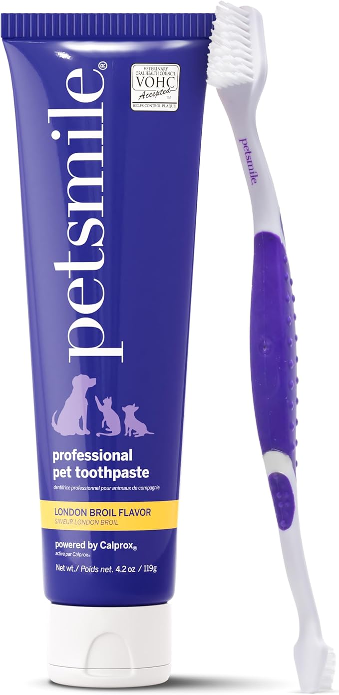 Petsmile Professional Pet Teeth Brushing Kit for Cats &amp; Dogs- Only VOHC Accepted Toothpaste &amp; Patented Toothbrush - Proven to Control Plaque &amp; Tartar Calprox Formula (London Broil, 4.2 Oz)