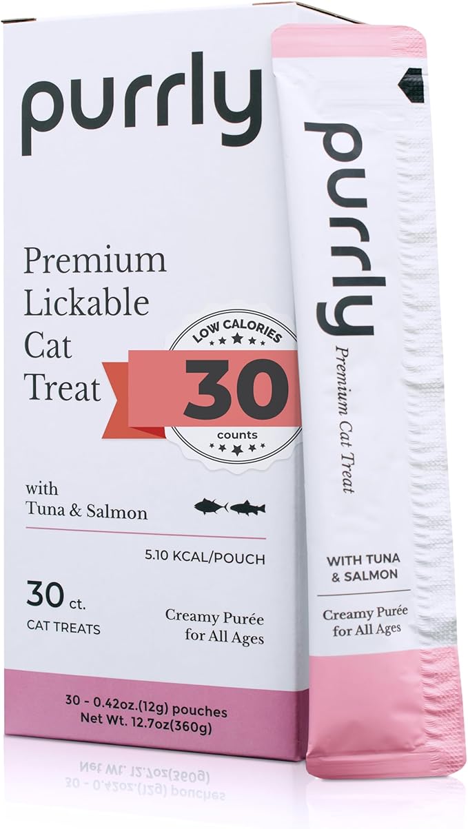 Purrly Squeezable Cat Treats Wet Healthy Interactive Hydrating Human-Grade Tuna &amp; Salmon with Omega-3 &amp; 6 for Skin &amp; Coat (30 Count) Lickable Healthy Creamy Puree