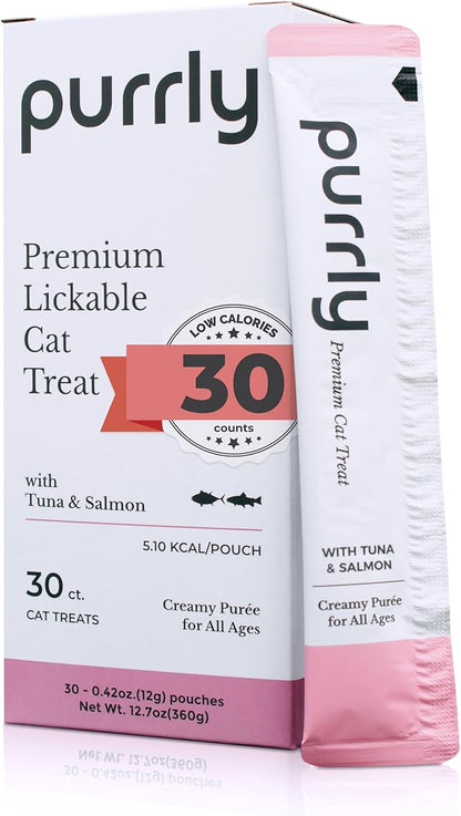 Purrly Squeezable Cat Treats Wet Healthy Interactive Hydrating Human-Grade Tuna &amp; Salmon with Omega-3 &amp; 6 for Skin &amp; Coat (30 Count) Lickable Healthy Creamy Puree
