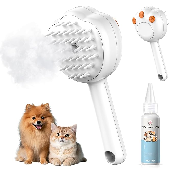 Steam Cat Brush, 6-in-1 Dog Brush Spritz Defur Comb with Pet Waterless Shampoo, Steamy Skin Friendly Deshedding Grooming Tool, Suitable for Shedding &amp; Haired Pets, Pet Supplies Accessories, White
