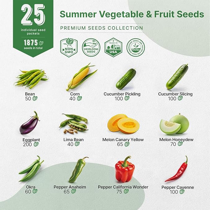 25 Summer Vegetable &amp; Fruit Seeds Variety Pack - 1,870+ Non-GMO Heirloom Veggie &amp; Fruits Seeds for Outdoors and Indoor Home Gardening, Including Collards, Tomato, Pepper, Okra, Onion, Bean, Cucumber
