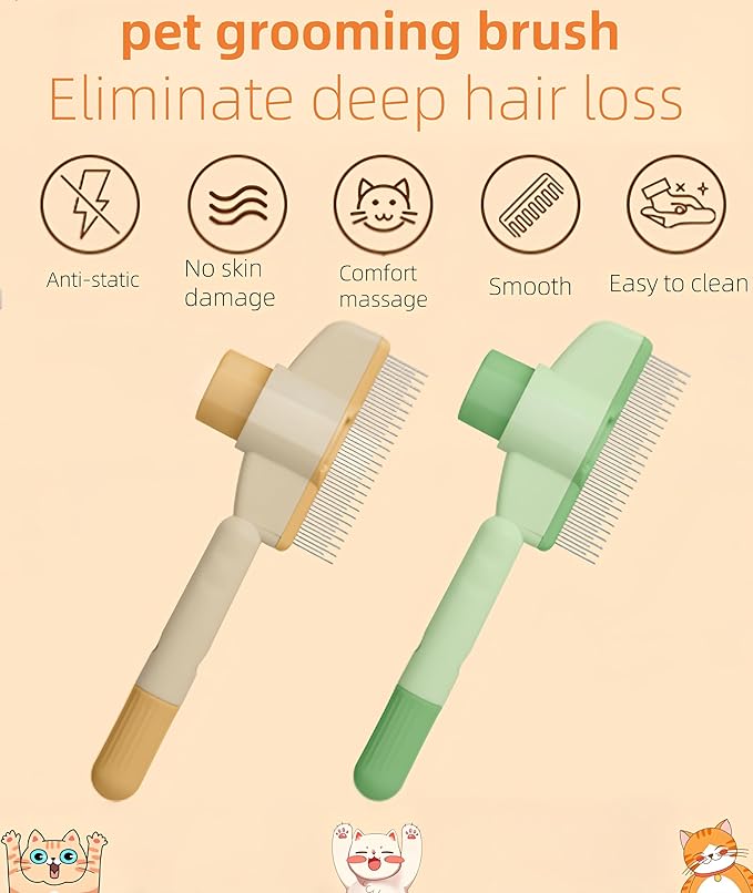 Zen Brush for Cats &amp; Dogs, Avatore Zenbrush Pet Comb, Self-Cleaning Grooming Brush, Stainless Steel Teeth for Shedding Hair Removal 2-pack (Green+Yellow)