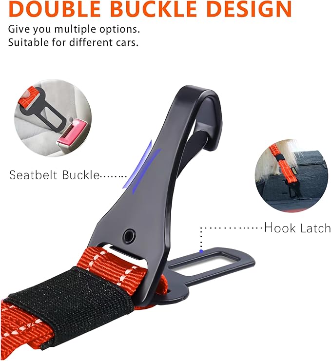 AUBELL Dog Seat Belt for Car,2 Pack Set 3-in-1 Adjustable Reflective Bungee Heavy Duty Dog Car Harness Tether with Clip Hook Latch &amp; Buckle,Swivel Zinc Alloy Carabiner,Black+Orange