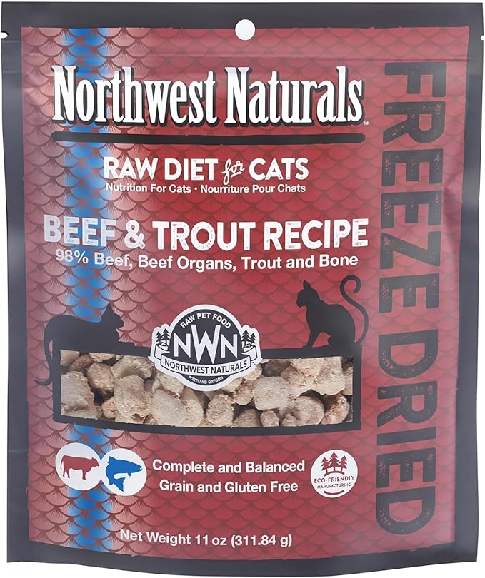 Northwest Naturals Freeze-Dried Beef &amp; Trout Cat &amp; Kitten Food, Bite-Sized Nibbles, Healthy, Limited, Human-Grade Ingredients, All-Natural, High-Protein Raw Diet, Complete &amp; Balanced, Grain-Free 11 oz