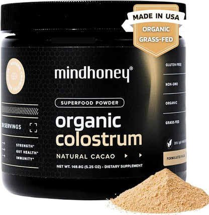 MINDHONEY Organic Colostrum | Premium Cacao Flavored Superfood Powder | Gut Health &amp; Immunity, Skin &amp; Hair, Anti-Aging, Performance &amp; Recovery | Grass-Fed, Pasture-Raised | 30 Servings