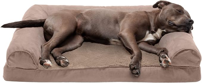 Furhaven Orthopedic Dog Bed for Large/Medium Dogs w/ Removable Bolsters &amp; Washable Cover, For Dogs Up to 55 lbs - Plush &amp; Suede Sofa - Almondine, Large