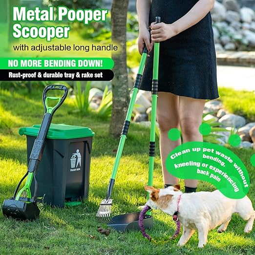 MXF Pooper Scooper Set - 28" Dog Pooper Scooper &amp; Long Handle Stainless Metal Tray&amp;Rake, 15 Litre Step Dog Poop Trash Can w/Removable Inner Bucket, 20 Waste Bags for Outdoors