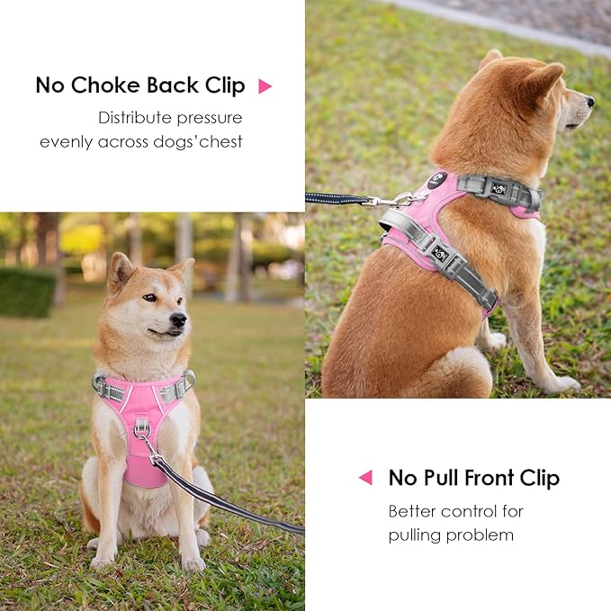 PHOEPET No Pull Dog Harness, Unique Colors Reflective Adjustable Dog Vest, with Soft Training Handle Metal Clips for Small Medium Large Dogs (Baby Pink Base &amp; Grey Straps,L)