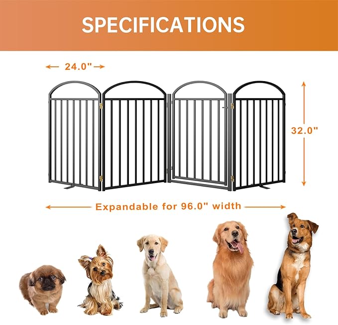 4 Panles Full Matel Freestanding Dog Gates with Door, 96"Extra Wide 32"Tall Free Standing Dog Pet Gate for Indoor &amp; Outdoor. Foldable Pet Fences for Doorways, House, Stairs, Porch, Deck, Yard