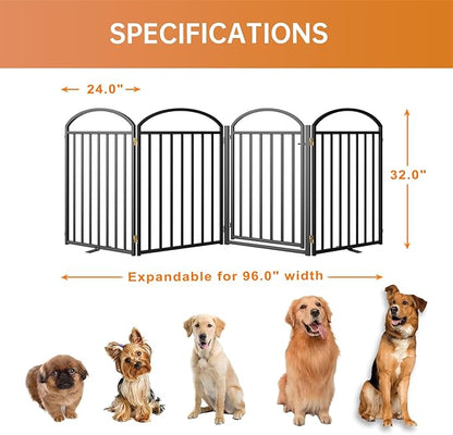4 Panles Full Matel Freestanding Dog Gates with Door, 96"Extra Wide 32"Tall Free Standing Dog Pet Gate for Indoor &amp; Outdoor. Foldable Pet Fences for Doorways, House, Stairs, Porch, Deck, Yard