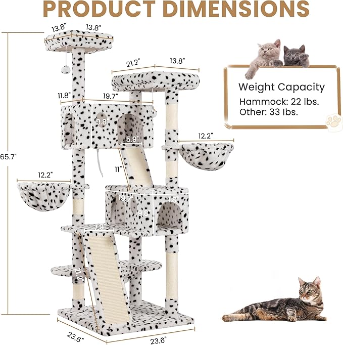 SHA CERLIN 65in Larger Cat Tree Tower Condo for Indoor Kitties/Multi-Level Furniture Activity Center with Wide Base/Cozy Plush Perches/Baskets/Sisal Scratching Posts and Hammock/White &amp; Black Spot
