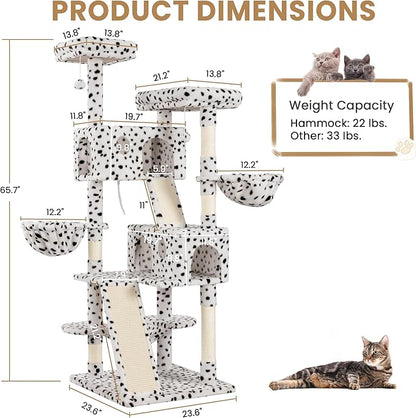 SHA CERLIN 65in Larger Cat Tree Tower Condo for Indoor Kitties/Multi-Level Furniture Activity Center with Wide Base/Cozy Plush Perches/Baskets/Sisal Scratching Posts and Hammock/White &amp; Black Spot
