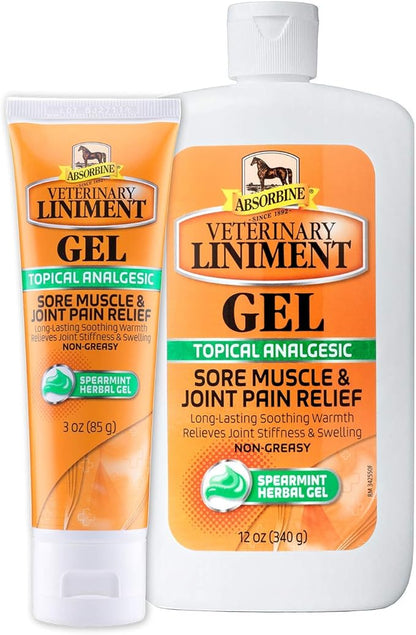 Absorbine Veterinary Liniment Gel, Topical Menthol Analgesic Rub for Sore Muscle, Joint &amp; Arthritis Pain Relief, Combo Pack Includes 12oz Value Size + 3oz Travel Size