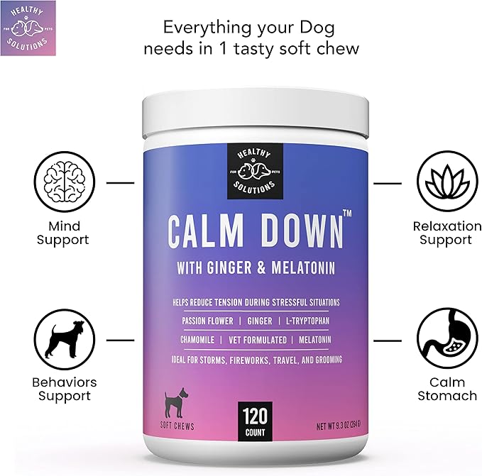 Calming Chews for Dogs - Dog Calming Treats for Anxiety &amp; Stress Relief with Melatonin and Ginger - Aid with Storms, Grooming, Fireworks, Separation, Travel, Motion Sickness, &amp; Sleep - 120 Chews