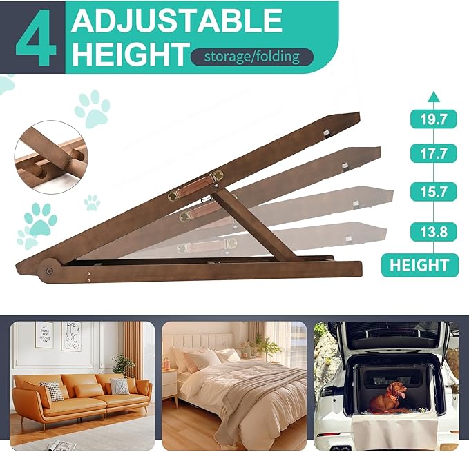 Dog Ramp, Adjustable Height Wooden Folding Pet Ramp for Bed, Couch,SUV-High Traction, Portable Paw Ramps for Small &amp; Large Old Dogs &amp; Cats - Furniture Quality