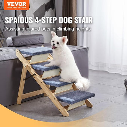 VEVOR Wood Pet Stairs/Pet Steps, 2-in-1 Foldable Wooden Dog Stair for Beds, Sofa and Cars, Dog Stairs &amp; Ramp with 4 Steps for Small Medium Large Pet, up to 150 lbs
