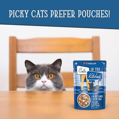 Weruva Cats in The Kitchen, 1 if by Land, 2 if by Sea with Tuna, Beef &amp; Salmon in Gravy Cat Food, 3oz Pouch (Pack of 12)