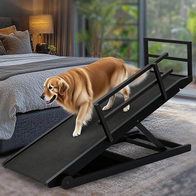 Dog Ramp for Bed, 5 Level Adjustable Dog Ramp for High Beds, Upgrade Rubber Mat High Traction Ramp with Safety Rails, Folding Pet Ramp for Bed, Couch,SUV, Natural Wood Pet Ramp for Small &amp; Old Dogs