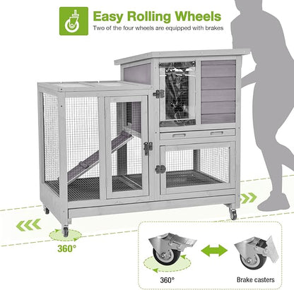 GUTINNEEN Two-Story Rabbit Hutch Large Bunny Cage with Wire Mesh Floor, Leak-Proof Trays, Lockable Wheels for Indoor and Outdoor Use, 40.6" L x 26" W x 37.6" H