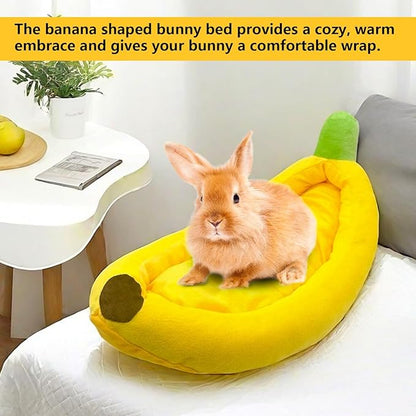 Bunny Bed,Rabbit Bed,Thick&amp;Soft with Removable Mat,Machine Washable Guinea Pig Cushion,Cozy Bunny Plush House,Warm Small Animal Sleeping Beds(Yellow Banana Shape-M)
