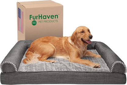 Furhaven Cooling Gel Dog Bed for Large Dogs w/ Removable Bolsters &amp; Washable Cover, For Dogs Up to 95 lbs - Luxe Faux Fur &amp; Performance Linen Sofa - Charcoal, Jumbo/XL