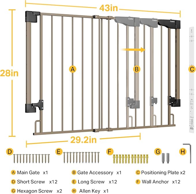 Cumbor 29.2-43" No Bottom Bar Baby Gate for Stairs, 2-in-1 Hardware Mounted Dog Gate Indoor, Pet Gate for Doorways with Large Walk Thru Door, Child-Proof Safety Gate for Top &amp; Bottom of Stairs (Brown)
