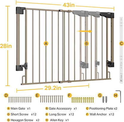 Cumbor 29.2-43" No Bottom Bar Baby Gate for Stairs, 2-in-1 Hardware Mounted Dog Gate Indoor, Pet Gate for Doorways with Large Walk Thru Door, Child-Proof Safety Gate for Top &amp; Bottom of Stairs (Brown)