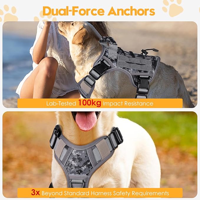Heavy-Duty Tactical Dog Harness for Large Dogs, No Pull Adjustable Reflective Pet Vest with Molle System, K9 Military-Grade Control for Service Training, Outdoor &amp; 10+ Breeds, Gray Camo, Small