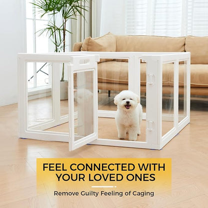 Clear Acrylic Plastic Dog Playpen - Clear Dog Play Pen - Easy Assemble Acrylic Dog Playpen - Puppy Playpen, Cat Playpen, Small Animal Playpen, Dog Play Pen Indoors (White, 23.6“ H, 8PCS)