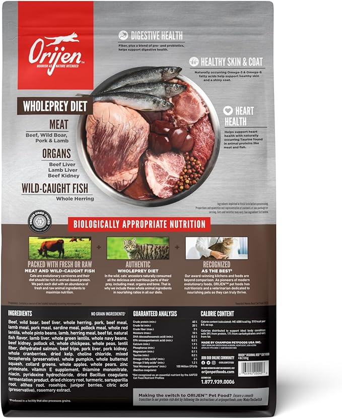 ORIJEN Grain Free High Protein Premium Dry Cat Food Regional Red Recipe 12lb Bag