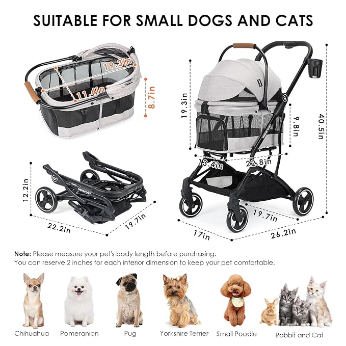 T3 3 in 1 Small Pet Stroller for Dogs &amp; Cats, 4 Wheels for Dogs with Detachable Carrier with Pad, Canopy and Cup Holder, Grey