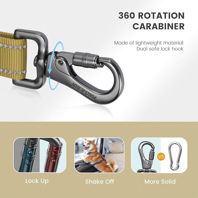 IOKHEIRA Dog Seat Belt 3-in-1 Car Harness for Dogs Adjustable Safety Seatbelt for Car Durable Nylon Reflective Bungee Fabric Tether with Clip Hook Latch &amp; Buckle, Swivel Zinc Alloy Carabiner Green