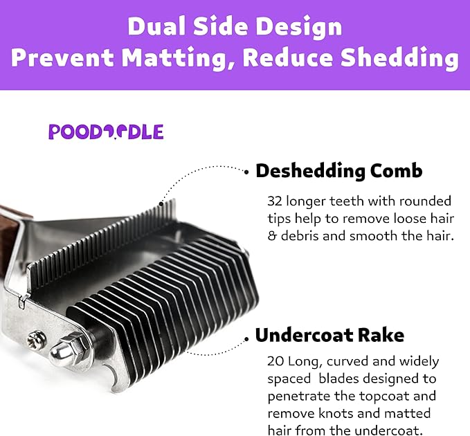 2 in 1 Dogs Cats Dematting Grooming Comb, Perfect Deshedding Undercoat Rake for Poodle &amp; Goldendoodle, Efficiently Detangling Shedding Loose Hair &amp; Matted Fur, All Long Haired Pet (Dark)