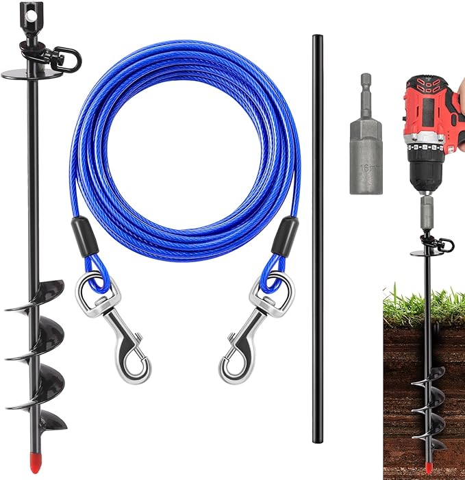 Heavy Duty Dog Tie Out Cable and Stake,30FT Rust Proof Dog Tether Leads for Yard,360°Swivel Spiral Dogs Stake&amp;Chain Up to 200 lbs, Ground Anchor for Outdoor Beach Camping