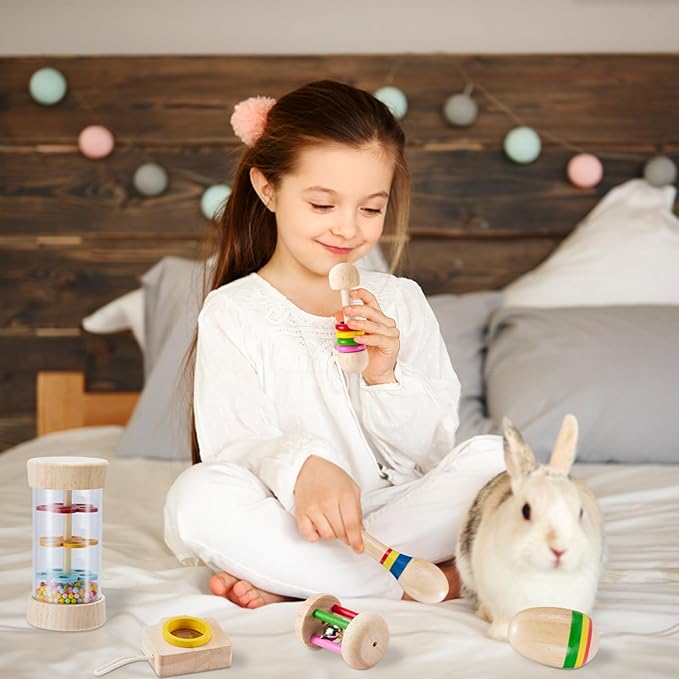 6 Pcs Wooden Bunny Toys - Safe Rabbit &amp; Guinea Pigs Teeth Grinding Toys for Chinchillas, Hamsters &amp; Small Animals - Indoor &amp; Outdoor