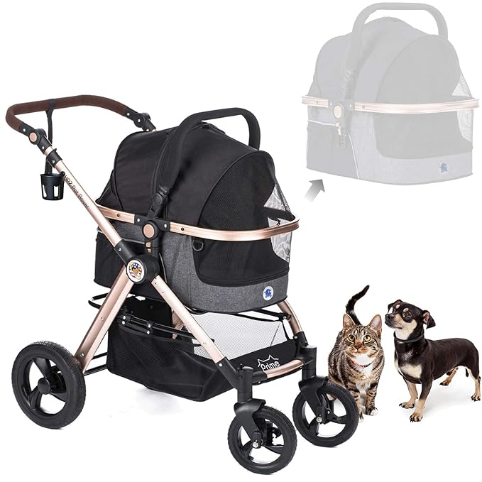 HPZ Pet Rover Prime 3-in-1 Luxury Dog/Cat Stroller (Travel Carrier + Car Seat +Stroller) with Detach Carrier/Pump-Free Rubber Tires/Aluminum Frame/Reversible Handle for Medium &amp; Small Pets (BLACK)