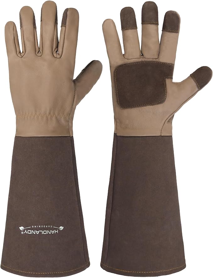 HANDLANDY Long Gardening Gloves for Men &amp; Women, Cowhide Leather Rose Pruning Gloves- Breathable &amp; Durable Gauntlet Glove (Small, Brown)
