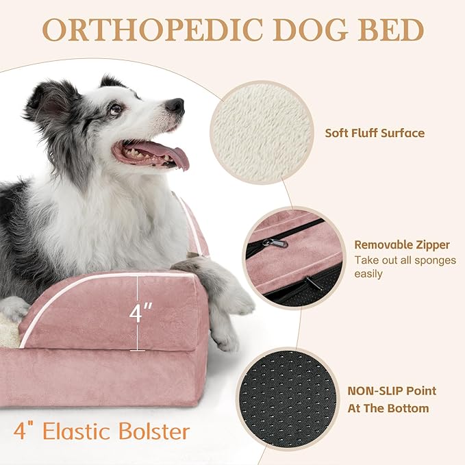 Comfort Expression Large Dog Beds Waterproof Orthopedic Foam Dog Sofa Beds Comfy Pet Bed with Washable Removable Cover &amp; Non-Slip Bottom(Large,Pink)