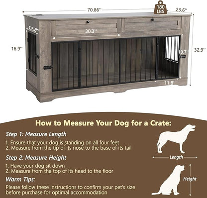 Large Dog Crate Furniture-Decorative Heavy Duty Dog Cage Indoor, Wooden Dog Cage End Table with Charging Station, Dog House with 2 Drawers (Gray, 70.86&