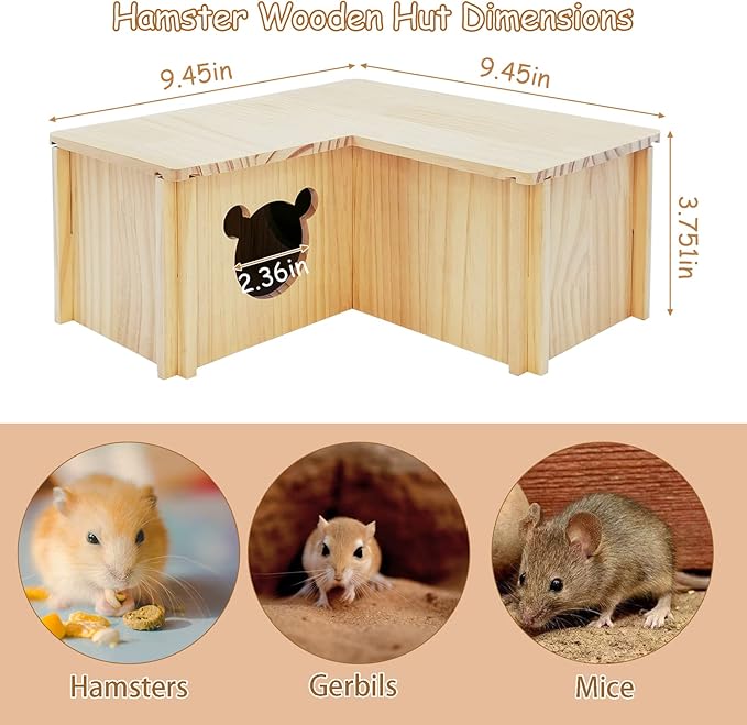 Fhiny Wooden Hamster House, Multi-Chamber Hamster Hideout &amp; Tunnel Detachable Activity Room Exploring Toys Rats Habitat Decor for Dwarf Hamsters Gerbils Mice Lemmings (Small)