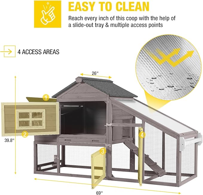 Aivituvin Chicken Coop Outdoor with Wheels, Mobile Hen House Wooden Poultry Cage with Run &amp; Waterproof Roof (Grey with White)