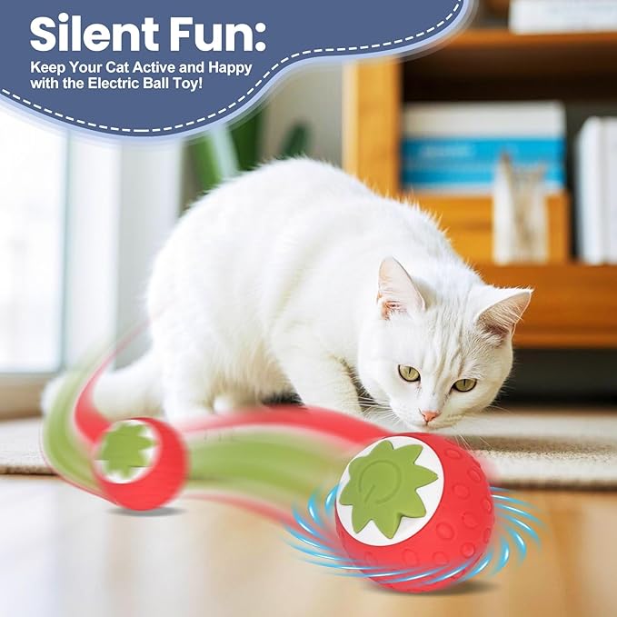 2Pcs Self-Moving Electric Cat Toy Ball with LED - Automatic Interactive Cat Toys for Indoor Cats, Smart Strawberry Design Stimulates Hunting Instincts, Boredom Relief &amp; Exercise for Solo Play