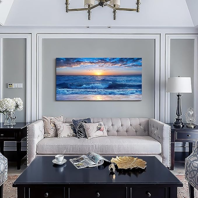 Lapremoly Framed Canvas Wall Art - Large Blue Ocean Beach Wall Painting for Living Room, Bedroom &amp; Office - 24" x 48"