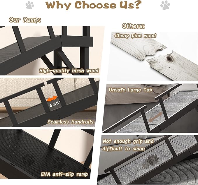 73" Dog Ramp for Bed, Pet Ramp with Removable Side Rail and Non-Slip Surface, Pet Ramp for Small &amp; Large &amp; Senior Dogs with Rest Platform and DIY Glow Strips,Dog Stairs for Couch, Black