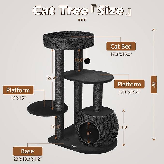KAMABOKO Modern Cat Tree, 39" Tall Cat Tree Black for Kittens Climb Play &amp; Rest, Cat Trees for Indoor Cats w/Natural Sisal Scratching Posts, Hand-Woven Condo &amp; Top Perch