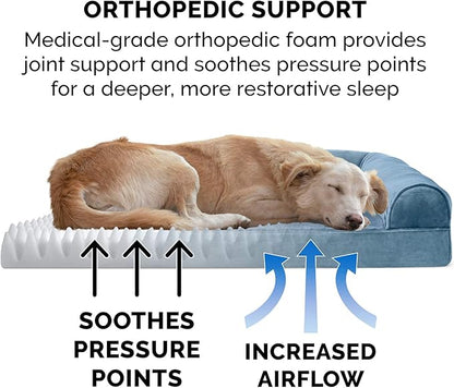 Furhaven Orthopedic Dog Bed for Large/Medium Dogs w/ Removable Bolsters &amp; Washable Cover, For Dogs Up to 55 lbs - Faux Fur &amp; Velvet Sofa - Harbor Blue, Large