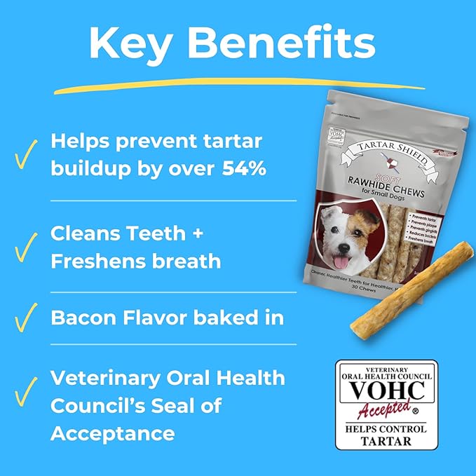 Tartar Shield Soft Rawhide Chews | Safe Dental Treats for Small Dogs | Vet VOHC Approved | Daily Bone Cleans Teeth &amp; Gums Fresh Breath Oral Health Support | USA Made | (Small Dogs / 30 Count)