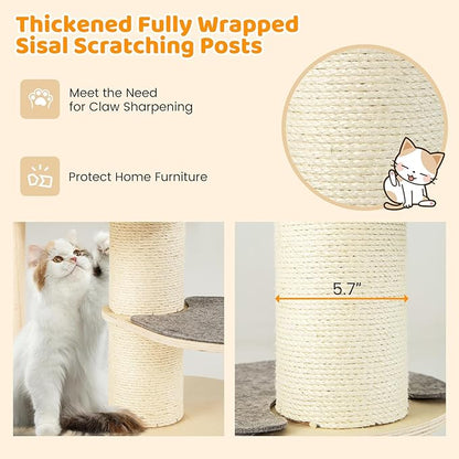 Tangkula Wood Cat Tree, 47 Inch Multi-Layer Cat Tower with 5.7” Thicker Sisal Covered Scratching Posts &amp; Carpet, Padded Top Perch, 2 Jumping Platforms, Hammock, Modern Cat Tree Tower for Indoor Cats