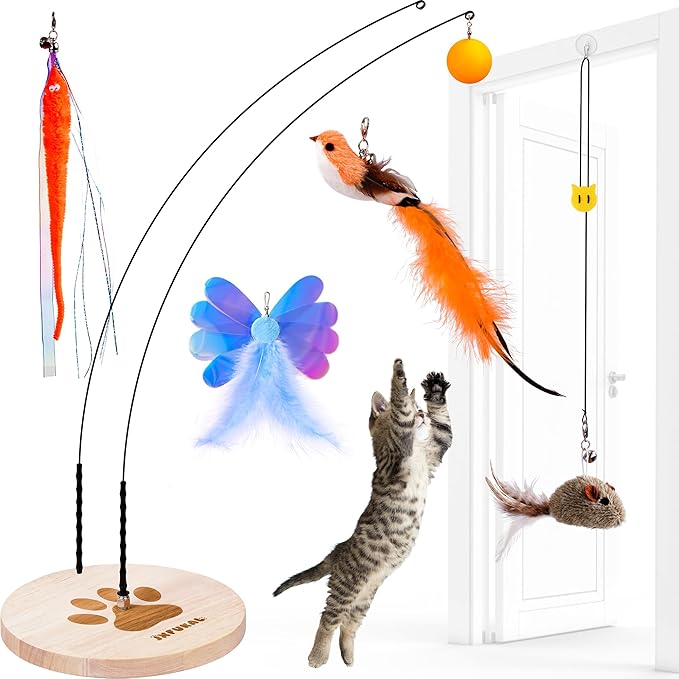 JXFUKAL Interactive cat Toy, Automatic Cat Wand Toy with Stable Wooden Base, 2 PCS Detachable Cat Teaser, 5PCS Refills Replacement &amp; Hanging Cat Toy, Kitty Kitten Toys Cat Feather Spring String Toy